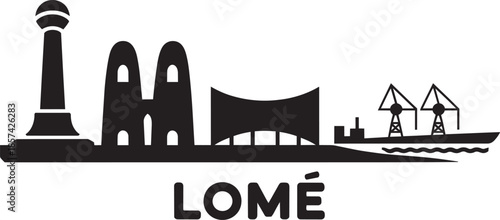 Lome city skyline silhouette with port and lighthouse