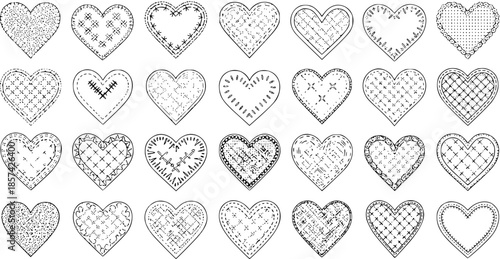 Black and White Line Art Collection of Decorative Hearts with Stitched Patterns