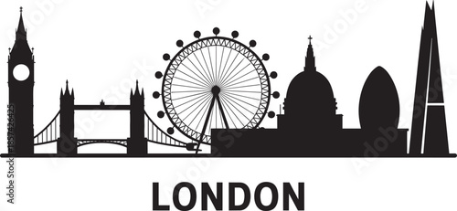 London cityscape skyline silhouette vector featuring famous tourist attractions and tall structures