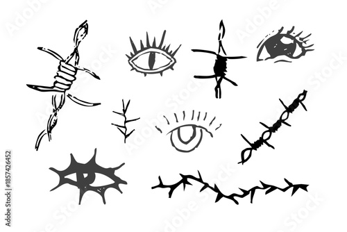 Thorn stem, barbed wire and eye doodle simple hand drawn y2k creepy set. Barbed wire tattoo. Boundary divider,border