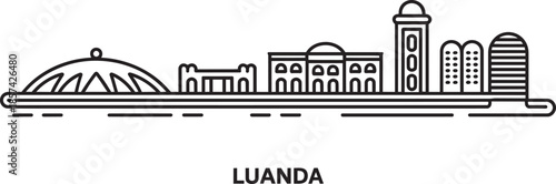 Luanda cityscape outline featuring distinctive buildings and coastal elements in a sleek linear design