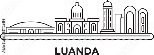 Luanda city skyline outline with notable architectural landmarks and waterfront in a modern linear style
