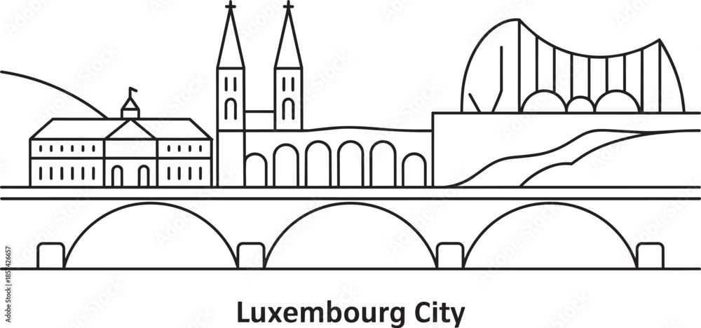 Naklejka premium Luxembourg city skyline outline with bridges and famous buildings