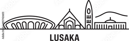 Lusaka cityscape outline highlighting key architectural landmarks and surrounding natural hills in a clean linear style