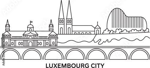 Luxembourg city skyline outline illustration with river and bridge
