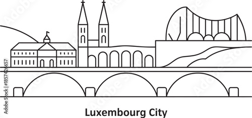 Luxembourg city skyline outline with bridges and famous buildings