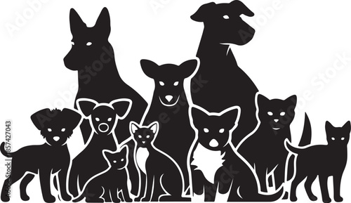 Silhouette of dogs and cats together in group