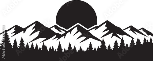 Black and White Mountain Landscape with Pine Trees Silhouette