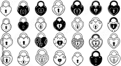 Black and White Line Art Heart Shaped Padlocks, Vector Collection