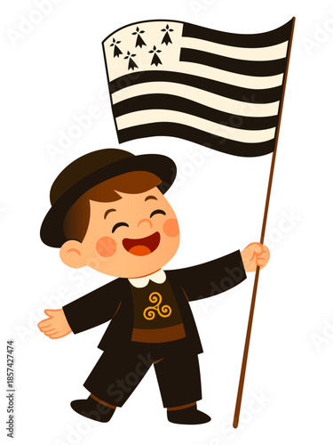 Happy Breton Boy In Traditional Costume Holding Flag of Brittany