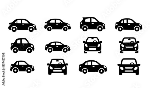 Minimal sedan car vector icon collection with geometric flat design on white
