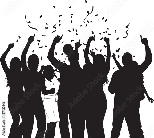 Silhouettes of people celebrating with confetti and ribbons