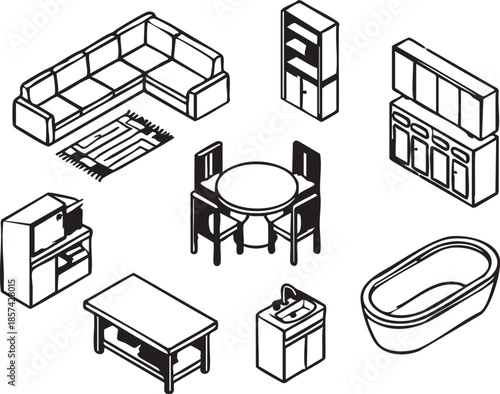 Isometric furniture vector set: couch, table, bathtub, and more eps silhouette