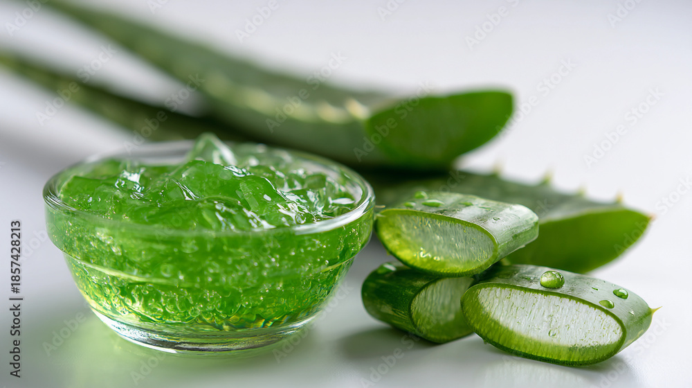 Obraz premium Fresh aloe vera gel in glass bowl with aloe vera leaves isolated on white background