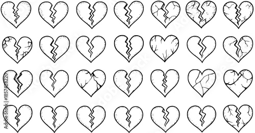 Hand-drawn Black and White Line Art Broken Hearts Collection: Vector Symbols of Emotional Pain, Relationship Struggles, Sadness, and Heartbreak, Perfect for Mental Health Concepts.