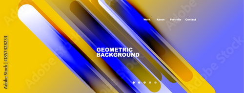 Abstract geometric design. Bright yellow, blue gradients create dynamic backdrop. Text overlays indicate website navigation options.