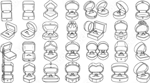 Jewelry Industry Ring Boxes Line Art Vector Illustration Set. Collection of Outline Engagement and Wedding Ring Box Icons for Luxury Gift and Retail Design Assets.