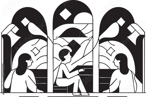 Black and white vector illustration: people gazing at mountain landscape eps silhouette