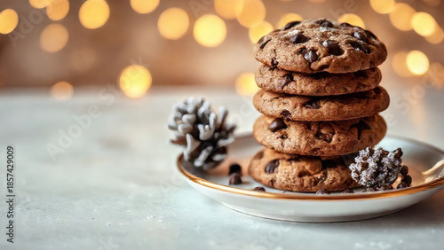 Warm chocolate chip cookies stacked on a plate with winter decorations and soft glowing lights in the background