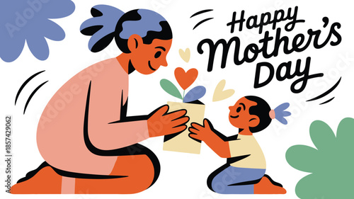 A joyful daughter gives her mother a charming potted plant with hearts for Happy Mothers Day