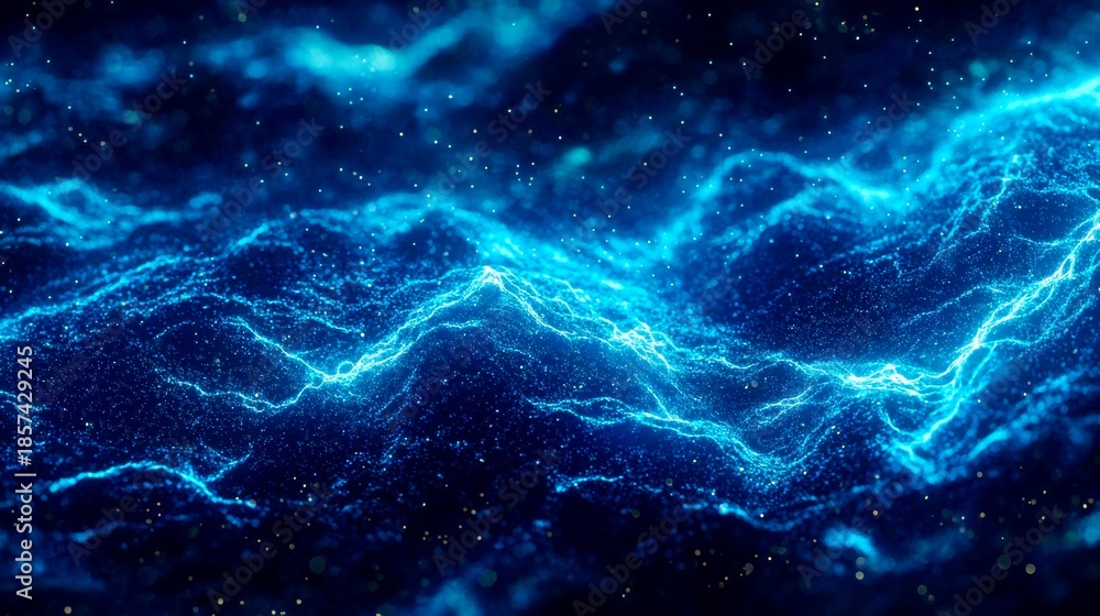 Fototapeta premium Abstract blue waves with glowing lights create a dynamic and energetic atmosphere in a cosmic themed background for various design uses