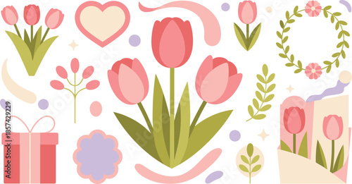 A lovely collection of various spring floral elements and gift items on a clear white background