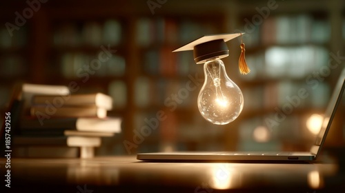 Light bulb wearing graduation cap symbolizes education and creativity in digital technology setting with books in background