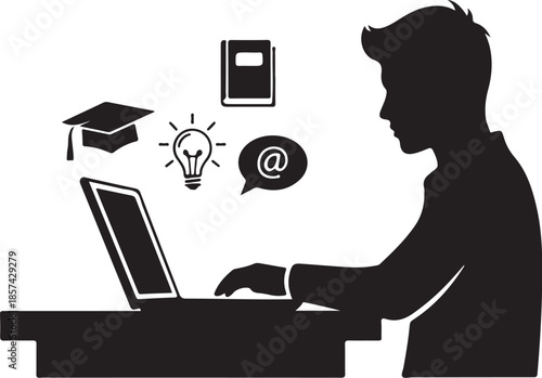 Man learning online with laptop and education icons