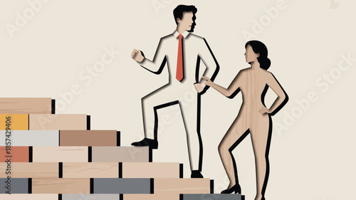 A man in a suit runs up a staircase while a nude woman stands beside the bottom steps