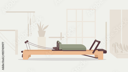 A modern Pilates reformer machine stands ready for a wellness workout in a serene light filled studio