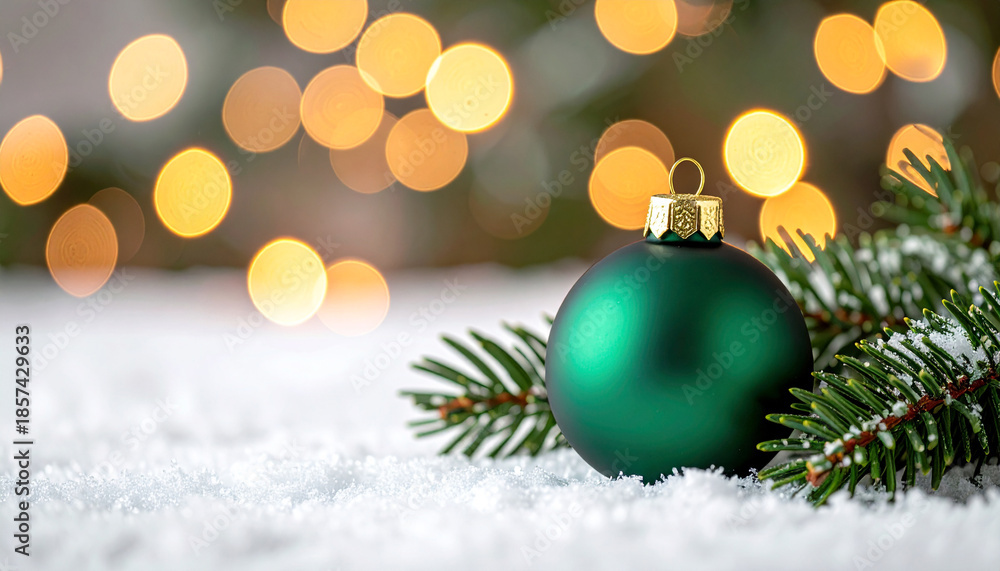 Fototapeta premium Festive Green Ornament on Snow with Soft Candle Glow