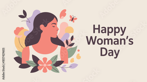 A serene womans profile surrounded by butterflies and blossoming flowers celebrates Happy Womans Day
