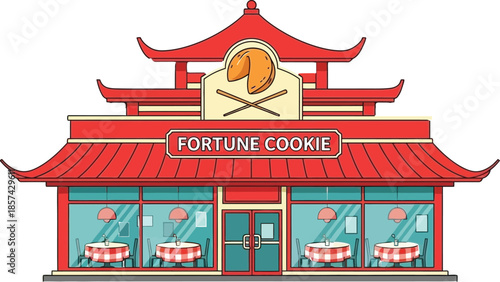 Chinese restaurant building with fortune cookie sign featuring traditional architecture and dining tables perfect for food service or cultural concepts