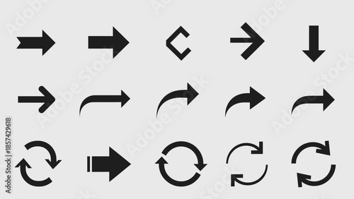 A comprehensive collection of black vector arrow icons and web signs including direction symbols, play buttons, and download elements for modern website design illustration