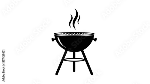 A hot barbecue grill flames with burning charcoal and firewood outdoors, creating smoke and heat for a delicious camping meal cooked over an open fire
