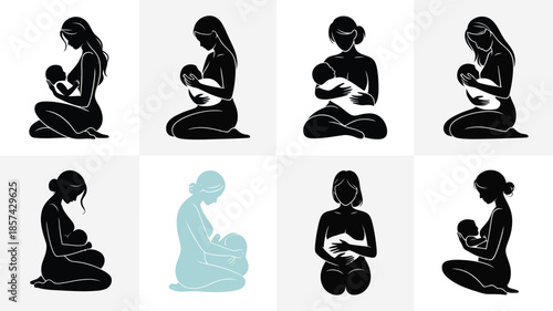 A series of silhouette illustrations showing mothers holding and caring for their babies in various poses