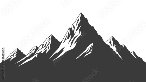A vector illustration of a snowy mountain landscape silhouette featuring a high peak, blue sky, and cold winter glacier range with a black forest of trees on a white ice hill