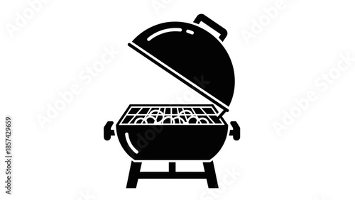 Black vector illustration of a metal barbecue grill kitchen appliance isolated on white as a food equipment icon