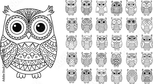 Mandala owl coloring page set featuring intricate zentangle bird illustrations with ethnic patterns and geometric ornaments for adult relaxation and creative hobby.