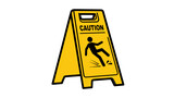 A yellow caution wet floor sign stands as a safety warning symbol on a slippery white floor to signal hazard attention during cleaning work