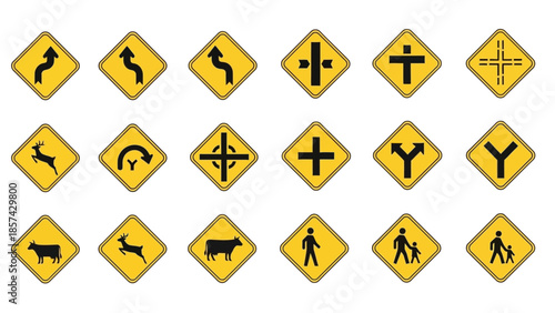 Set of yellow warning signs icons with safety and danger symbols