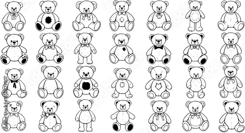 Black and White Line Art Teddy Bears Collection for Childhood Themes. Adorable Outline Illustrations and Doodle Vector Graphics for Kids' Activities and Sweet Design.