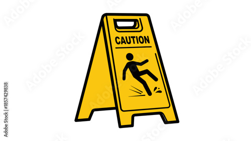 A yellow caution wet floor sign stands as a safety warning symbol on a slippery white floor to signal hazard attention during cleaning work