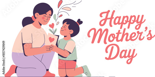 A sweet child kneels to present a heart shaped plant to their happy mother on Mothers Day