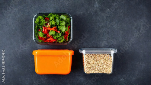 Colorful salad and sesame seeds in containers on a dark surface for healthy meal preparation and storage