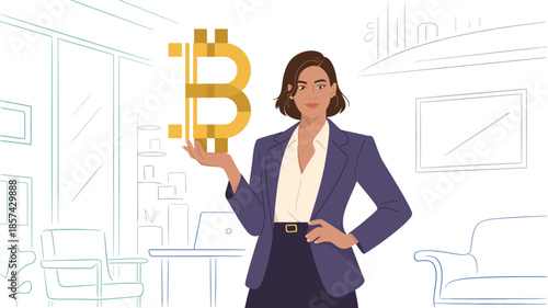 A sophisticated woman gracefully holds a prominent golden Bitcoin symbol in an elegant outlined office setting