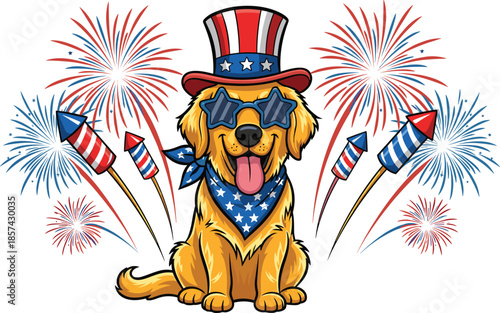 Cartoon dog wearing patriotic hat and sunglasses with fireworks and sparklers golden retriever