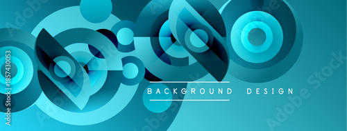 Abstract blue shapes create dynamic composition. Circular elements overlap, forming modern background design. Smooth gradients enhance visual depth.