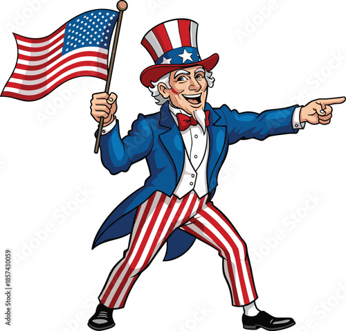Cartoon Uncle Sam Character Waving American Flag and Pointing