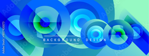 Abstract geometric design. Overlapping circles create dynamic visual effect. Blue, green hues dominate composition. Modern aesthetic.